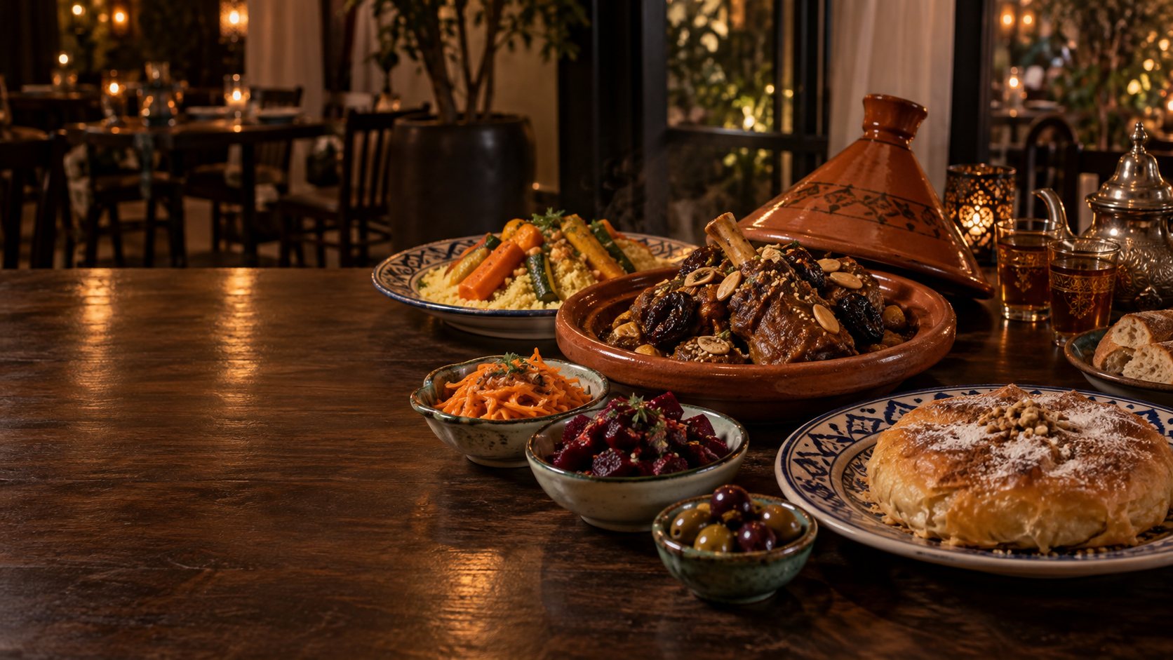 Candlelit Moroccan dishes: lamb tagine with prunes, couscous, pastilla and small salads beside a silver tea service on a walnut table.