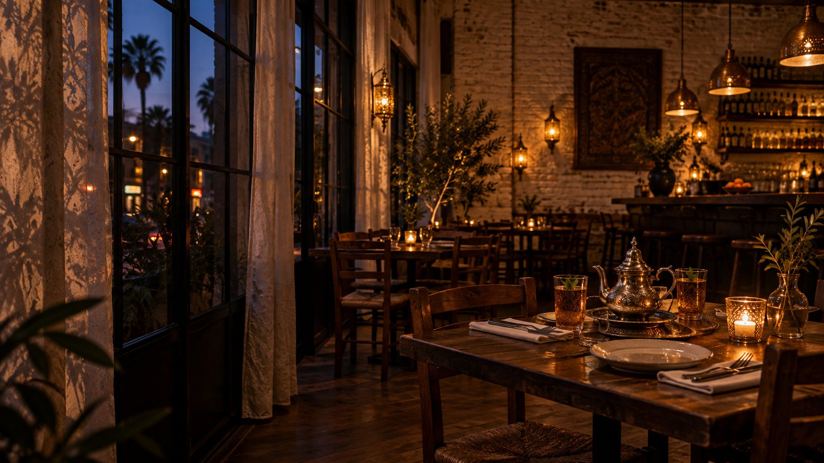 The dining room at blue hour: black-framed windows onto Melrose, cream curtains, candlelit tables and a silver teapot.