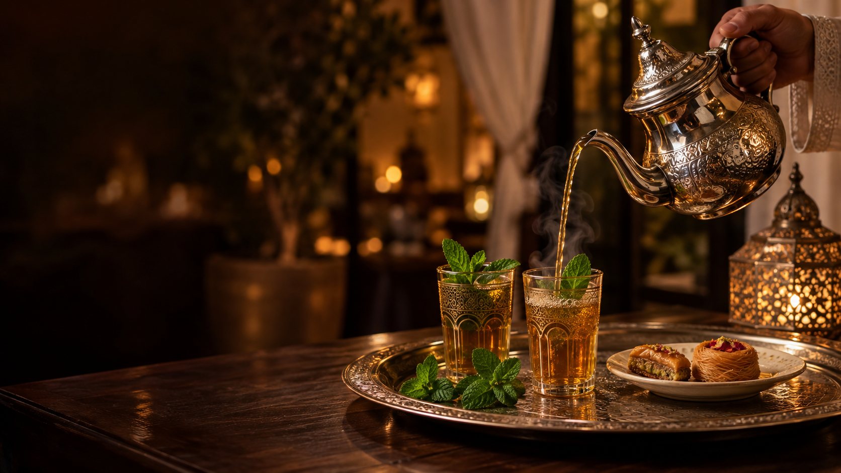An engraved silver teapot pouring amber mint tea into gold-patterned glasses beside pastries and lantern light.